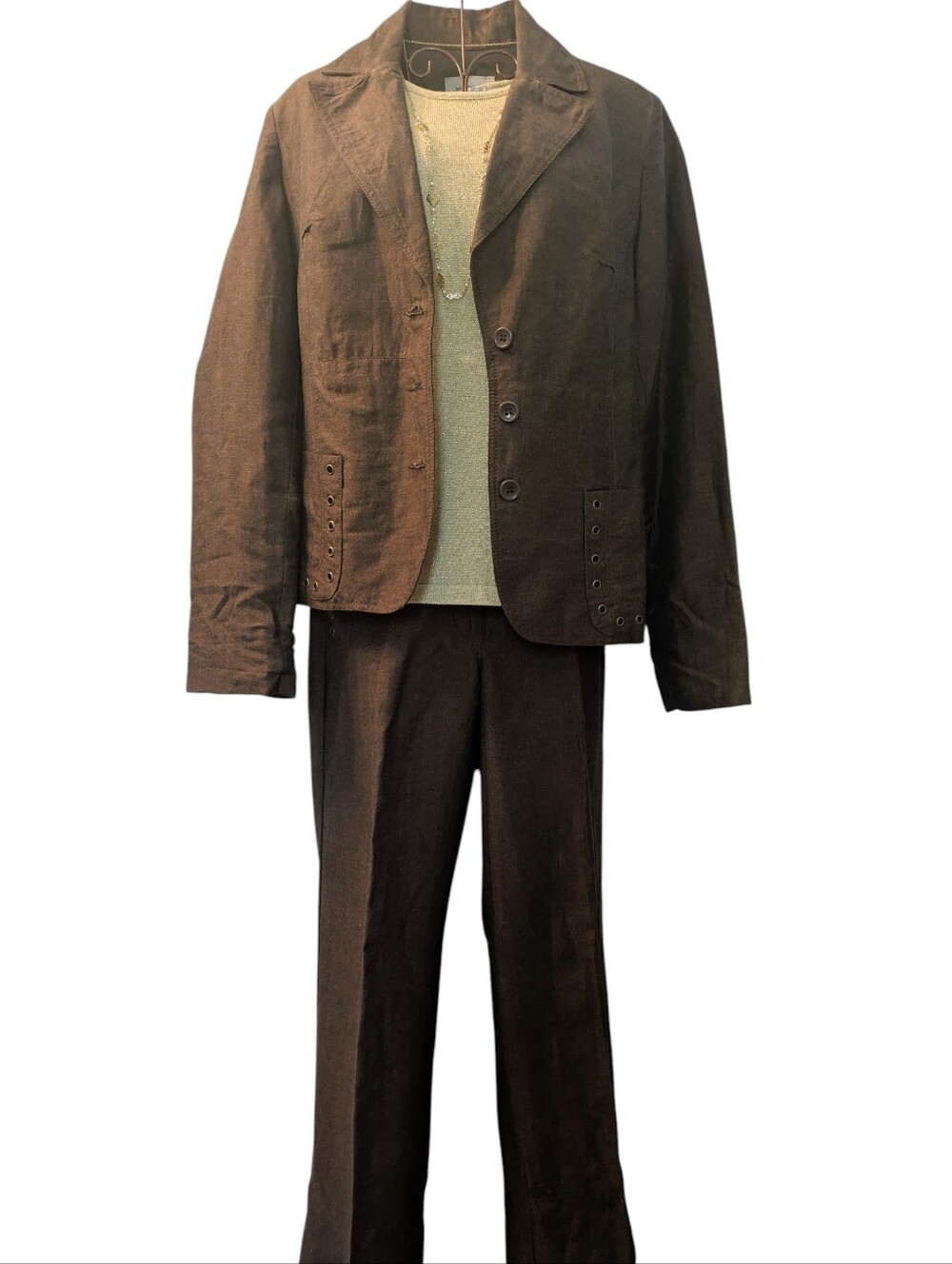 Linen Blend 3 Piece Brown Vintage Suit With Metallic Details And FREE Tank Top